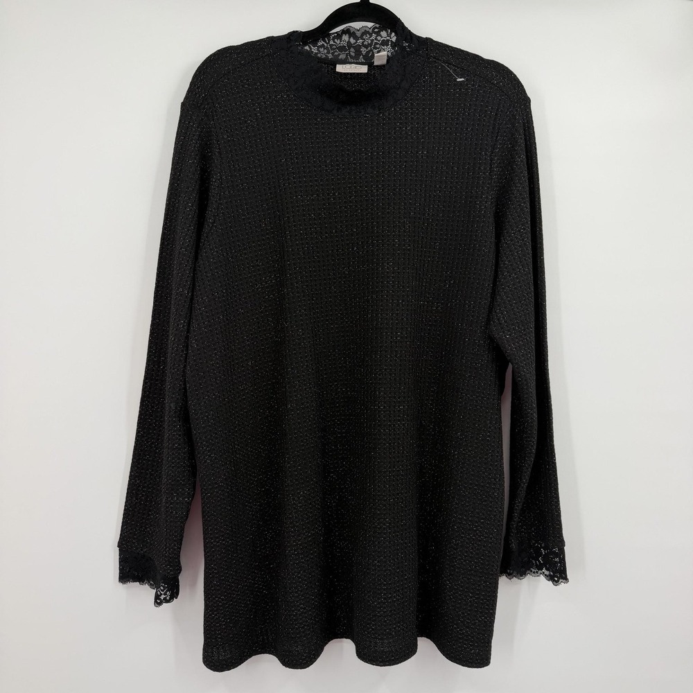 LOGO Lori Goldstein Tunic Top Womens 2X Black Lace Trim Metallic Waffle Knit